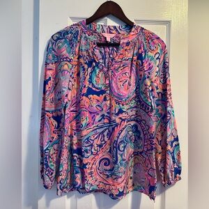 NWOT Lilly Pulitzer Elsa‎ 100% Silk Blouse Multi La Playa Beachy Resort Sz XXS